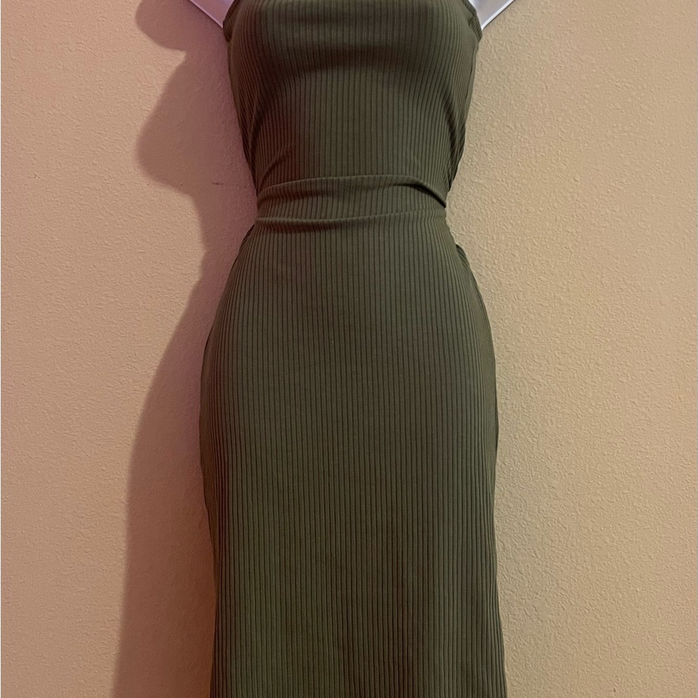 Olive Green Midi Ribbed Stretchy
Spaghetti Strap Dress